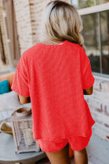 Orange Ribbed Textured Knit Loose Fit Tee and Shorts Set