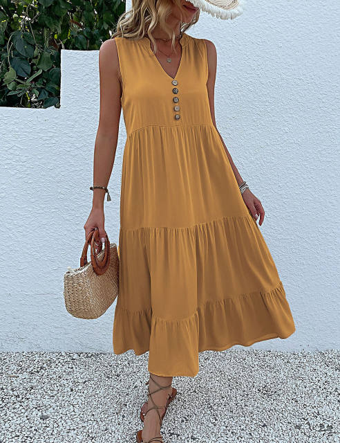 Yellow Sleeveless V Neck Tiered Midi Dress