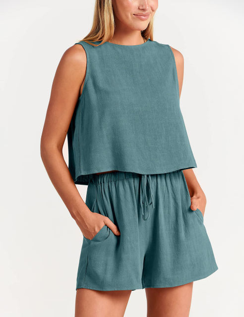 Blue Sleeveless Tank Top with Pocket Shorts Set