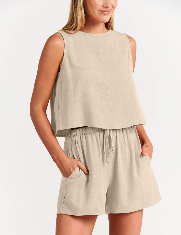 Apricot Sleeveless Tank Top with Pocket Shorts Set