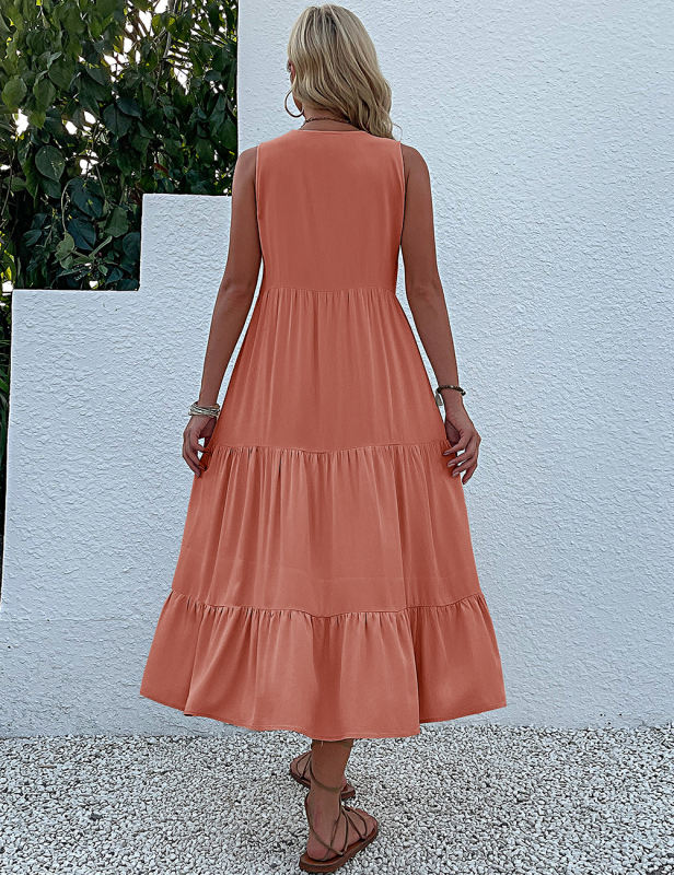 Orange Sleeveless V Neck Tiered Midi Dress