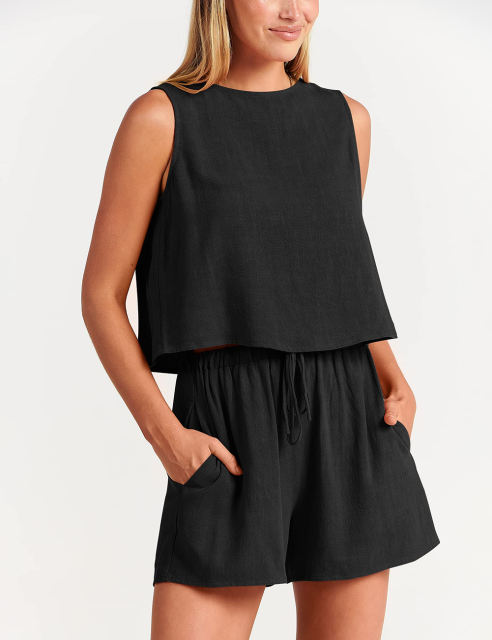 Black Sleeveless Tank Top with Pocket Shorts Set