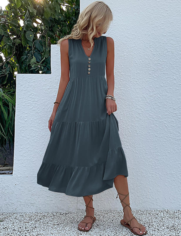 Gray Sleeveless V Neck Tiered Midi Dress