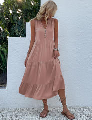 Pink Sleeveless V Neck Tiered Midi Dress