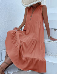 Orange Sleeveless V Neck Tiered Midi Dress