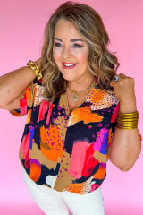 Multicolour Abstract Print V Neck Short Sleeve Plus Size Blouse