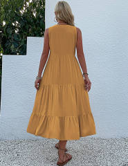 Yellow Sleeveless V Neck Tiered Midi Dress