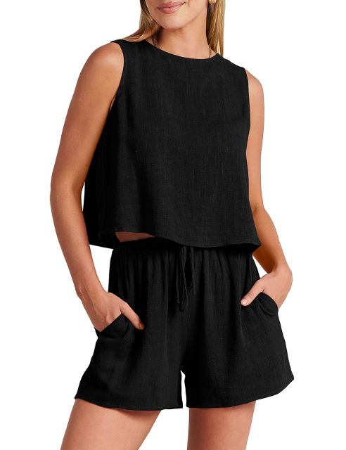 Black Sleeveless Tank Top with Pocket Shorts Set