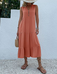 Orange Sleeveless V Neck Tiered Midi Dress