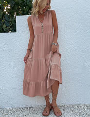 Pink Sleeveless V Neck Tiered Midi Dress