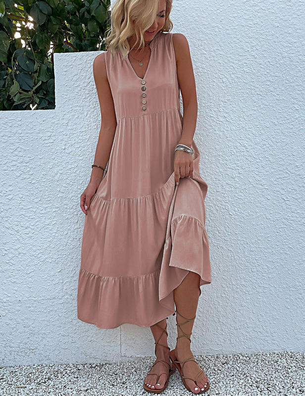 Pink Sleeveless V Neck Tiered Midi Dress