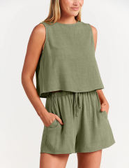 Green Sleeveless Tank Top with Pocket Shorts Set