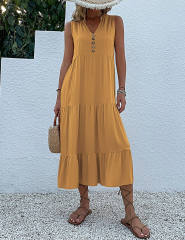 Yellow Sleeveless V Neck Tiered Midi Dress