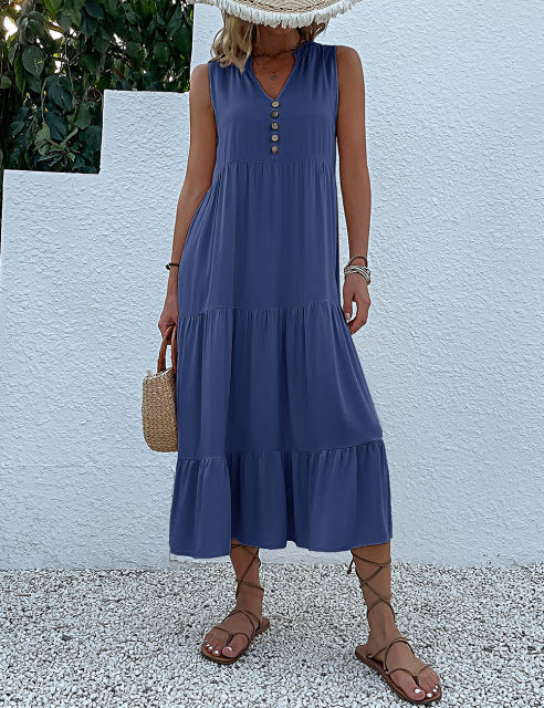 Blue Sleeveless V Neck Tiered Midi Dress