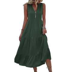 Green Sleeveless V Neck Tiered Midi Dress