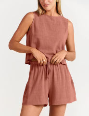 Orange Sleeveless Tank Top with Pocket Shorts Set