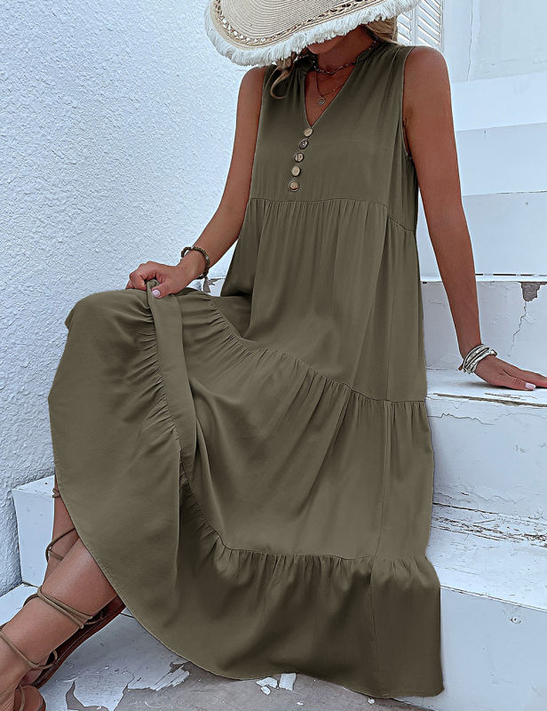 Blue Sleeveless V Neck Tiered Midi Dress