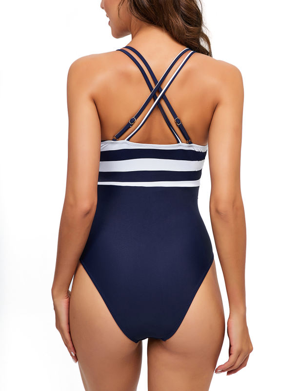 Striped Patchwork Deep V Neck One Piece Swimsuit