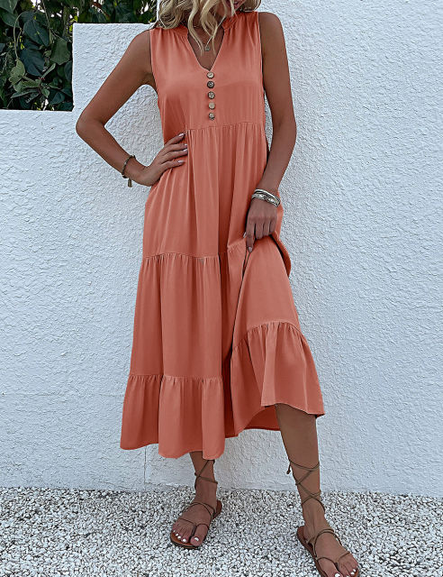 Orange Sleeveless V Neck Tiered Midi Dress