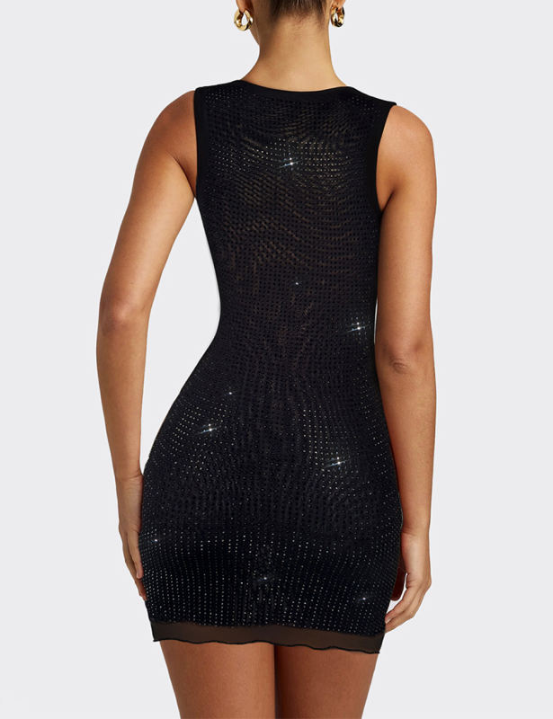 Black Double Mesh Rhinestones Square Neck Bodycon Dress