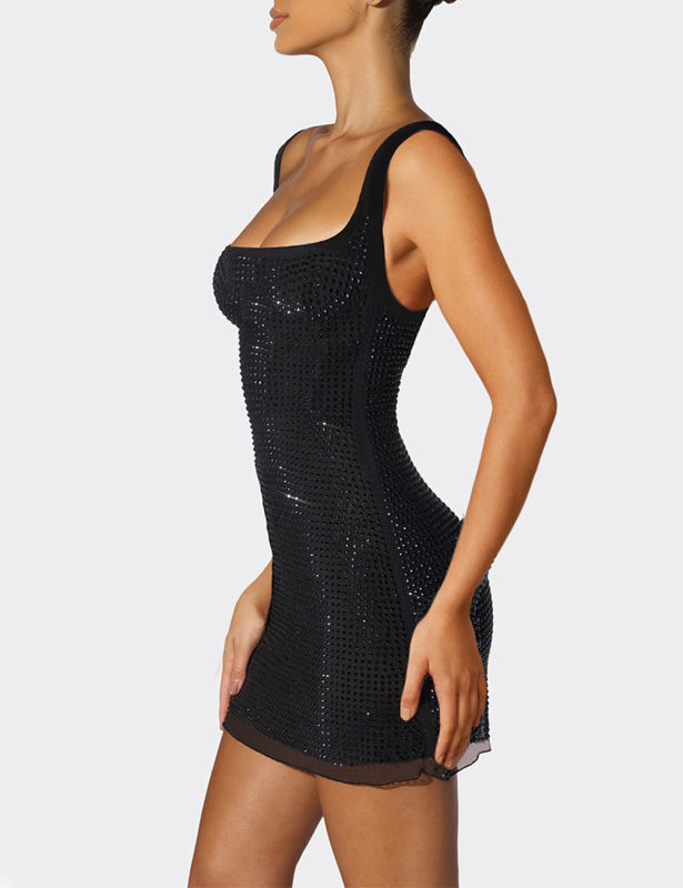 Black Double Mesh Rhinestones Square Neck Bodycon Dress