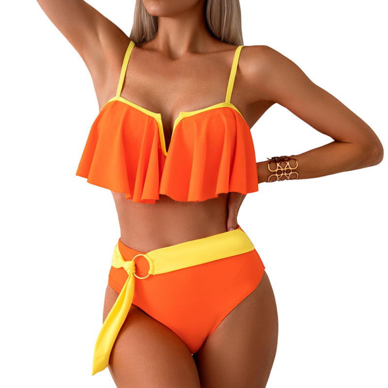 Orange Patchwork Ruffled Two Piece Bikini Swimsuit