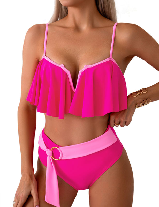 Rose Red Patchwork Ruffled Two Piece Bikini Swimsuit