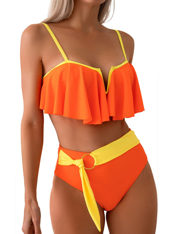 Orange Patchwork Ruffled Two Piece Bikini Swimsuit