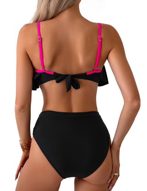 Black Patchwork Ruffled Two Piece Bikini Swimsuit