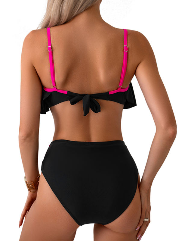 Black Patchwork Ruffled Two Piece Bikini Swimsuit