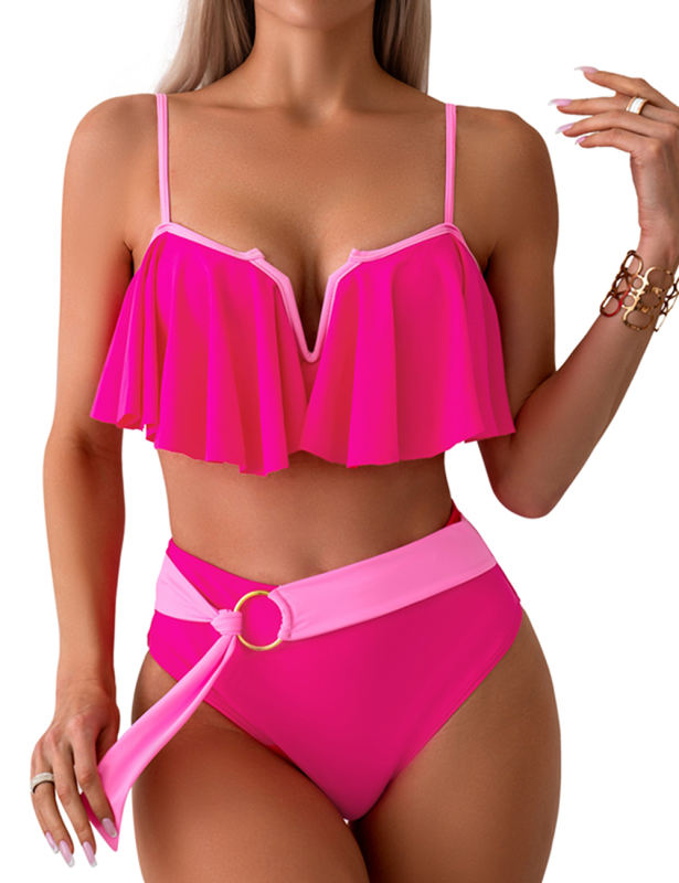Rose Red Patchwork Ruffled Two Piece Bikini Swimsuit