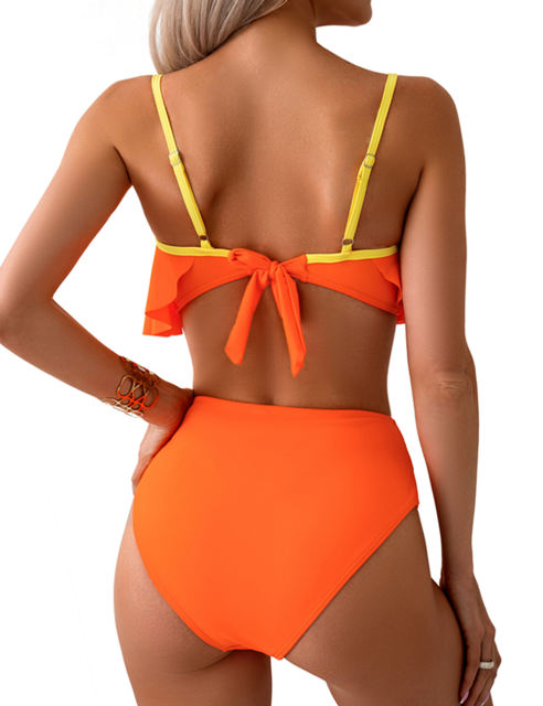 Orange Patchwork Ruffled Two Piece Bikini Swimsuit