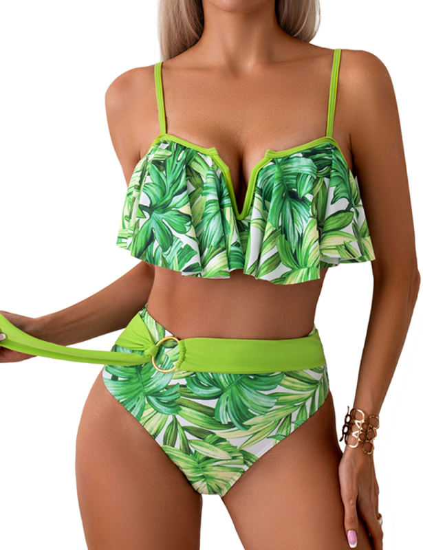 Green Print Patchwork Ruffled Two Piece Bikini Swimsuit