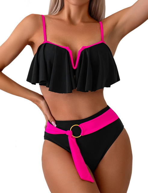 Black Patchwork Ruffled Two Piece Bikini Swimsuit