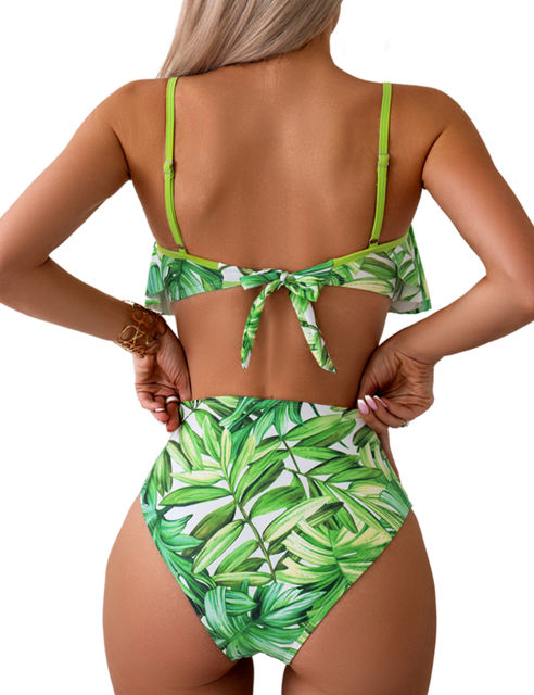 Green Print Patchwork Ruffled Two Piece Bikini Swimsuit