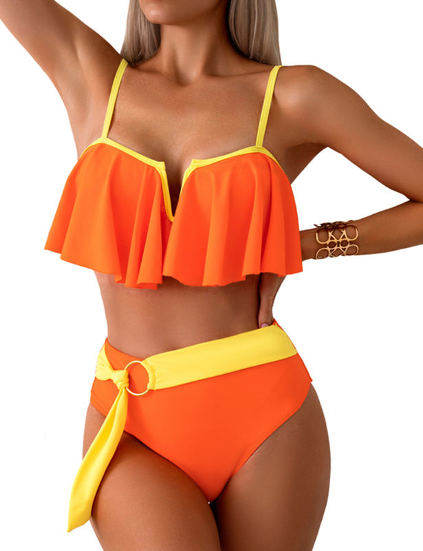 Orange Patchwork Ruffled Two Piece Bikini Swimsuit
