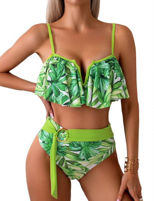 Green Print Patchwork Ruffled Two Piece Bikini Swimsuit