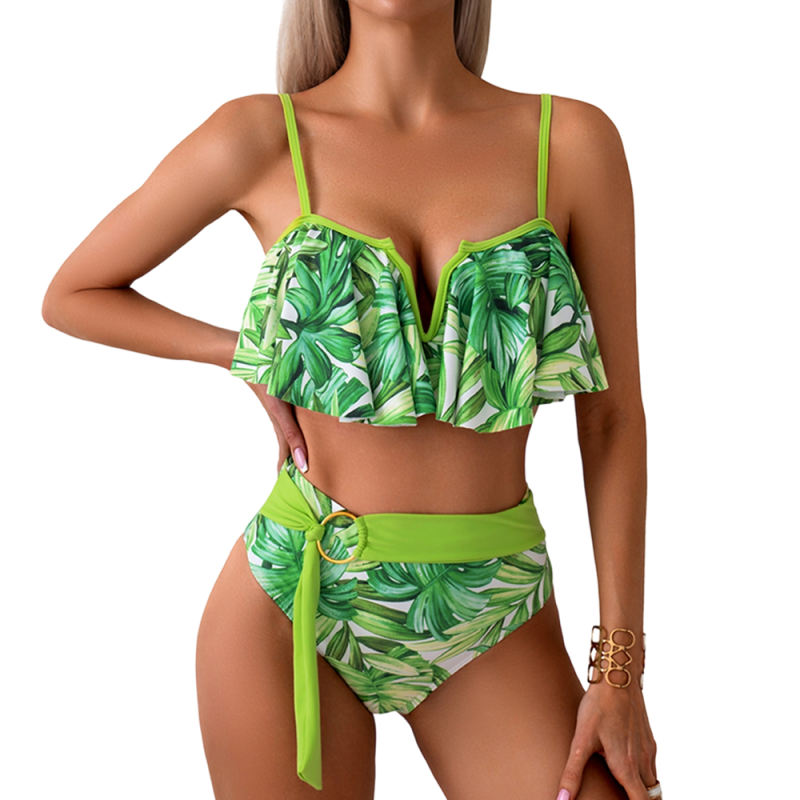Green Print Patchwork Ruffled Two Piece Bikini Swimsuit
