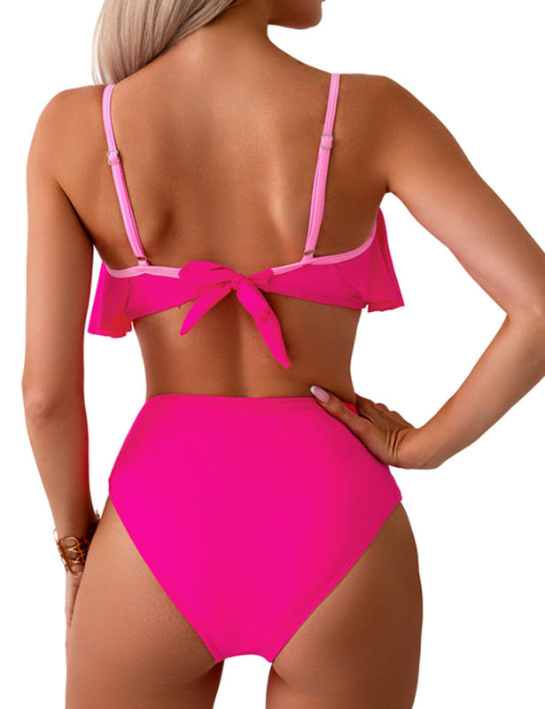Rose Red Patchwork Ruffled Two Piece Bikini Swimsuit