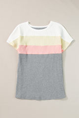 Gray Ribbed Color Block Patchwork T-shirt