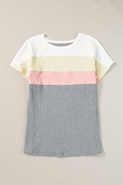 Gray Ribbed Color Block Patchwork T-shirt