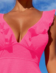 Rosy Textured Flutter V Neck One Piece Swimdress