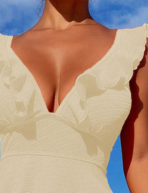 Beige Textured Flutter V Neck One Piece Swimdress