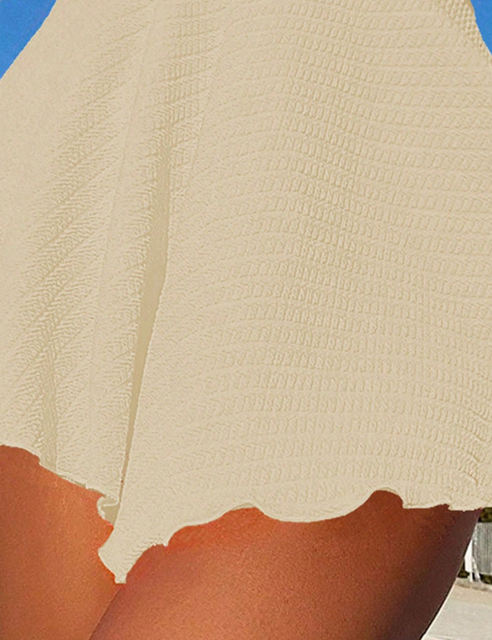 Beige Textured Flutter V Neck One Piece Swimdress