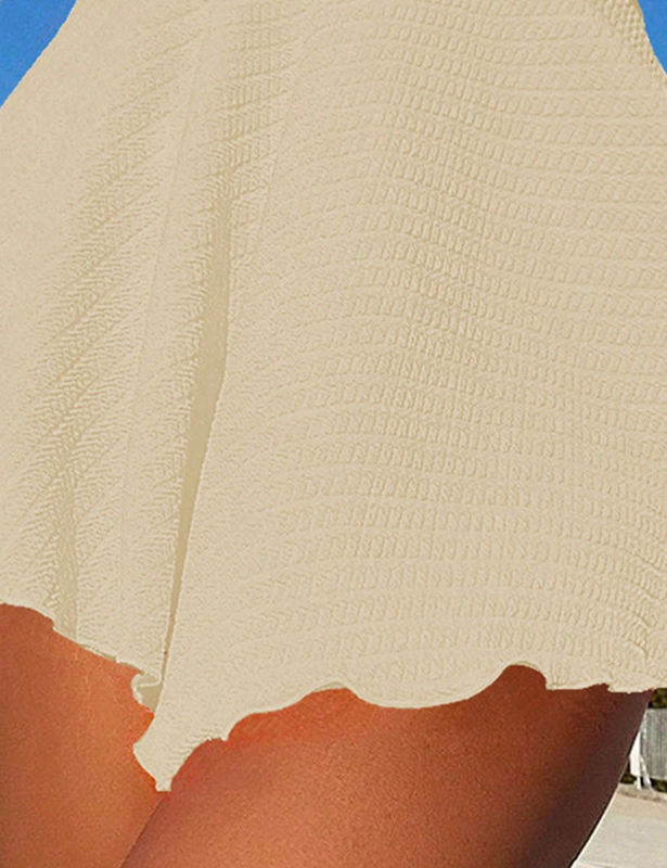 Beige Textured Flutter V Neck One Piece Swimdress