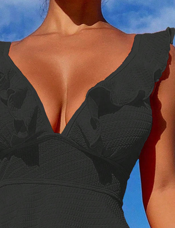 Black Textured Flutter V Neck One Piece Swimdress