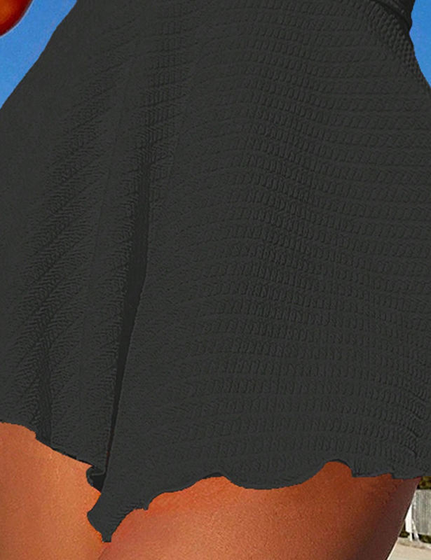 Black Textured Flutter V Neck One Piece Swimdress