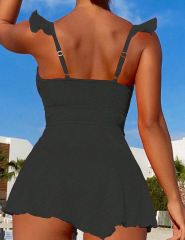 Black Textured Flutter V Neck One Piece Swimdress