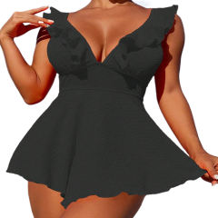 Black Textured Flutter V Neck One Piece Swimdress