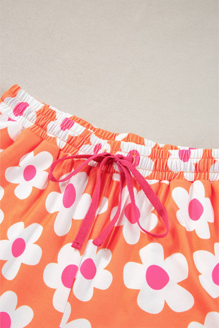 Orange Flower Print Short Sleeve Shirt Pajamas Set